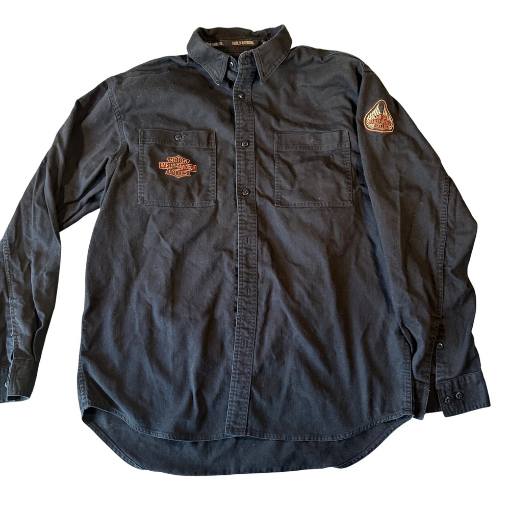 Harley Davidson Mens XL Black Cotton‎ Long Sleeve Button Down Embroidered Shirt